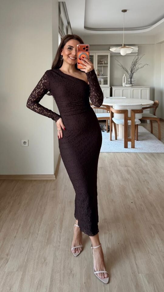 Tek Omuz Güpür Elbise Kahve