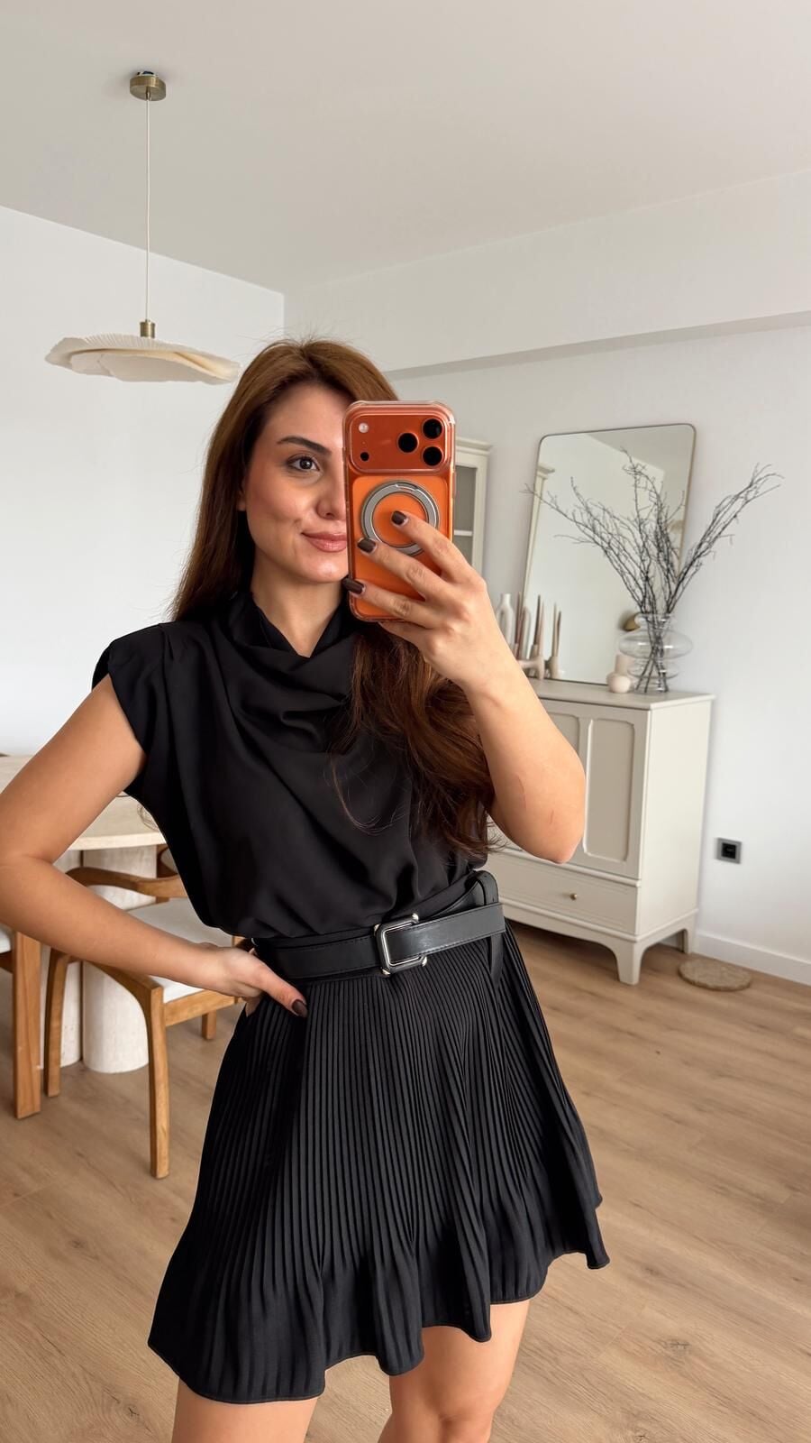 Dökümlü Kısa Kol Bluz Siyah