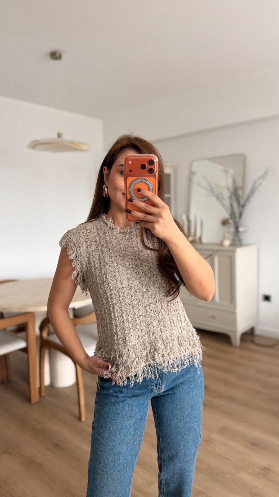 Püskül Detaylı Triko Süveter Bej