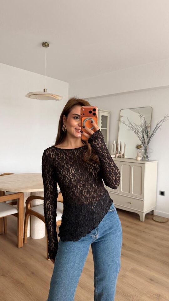 Asimetrik Dantel Bluz Siyah