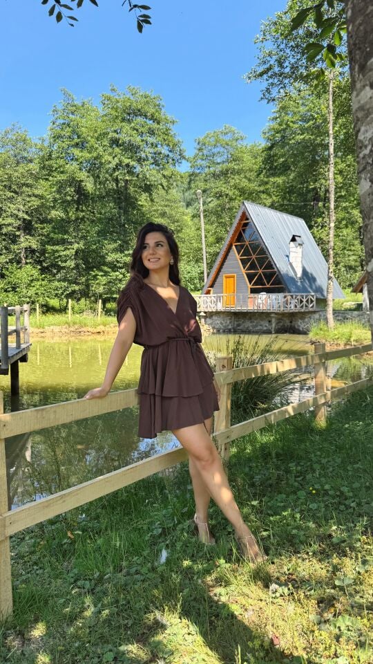 Örgü Kemer Keten Elbise Kahve