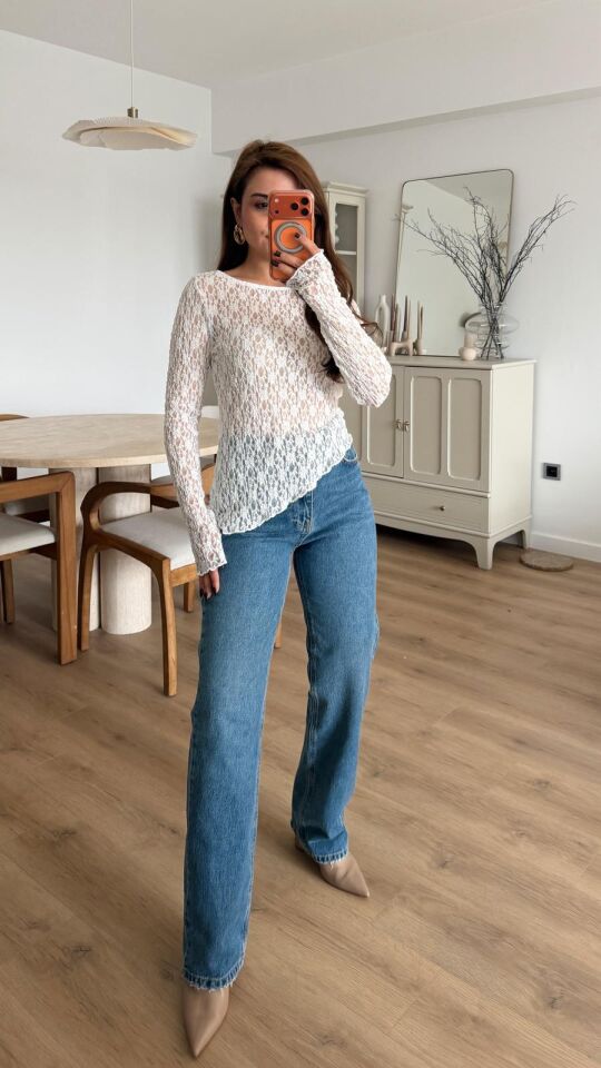 Asimetrik Dantel Bluz Ekru