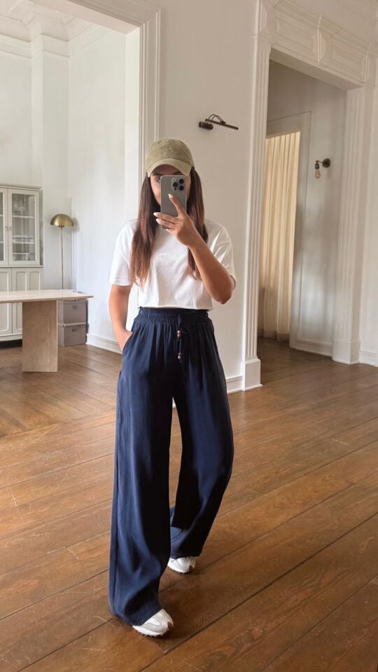 Tencel Boncuklu Pantolon Lacivert