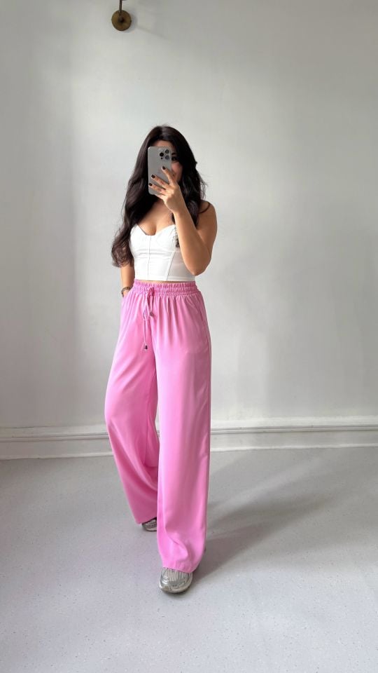 Pembe Salaş Bol Paça Pantolon