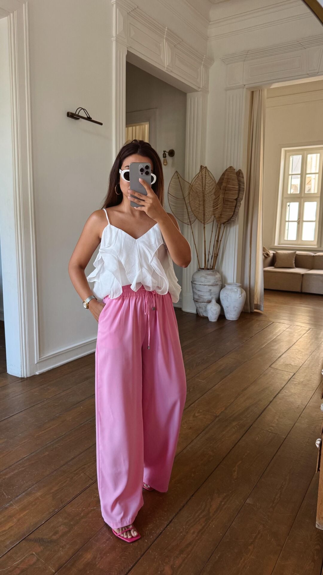Pembe Salaş Bol Paça Pantolon