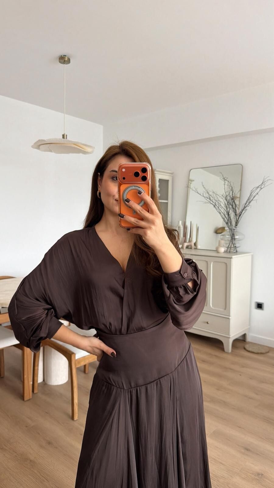 Kruvaze Saten Bluz Kahve