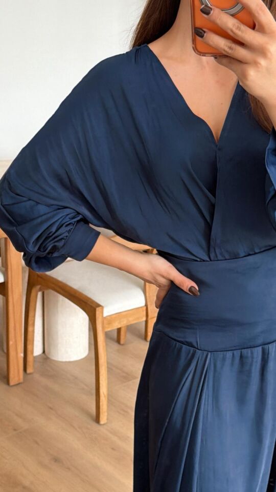 Kruvaze Saten Bluz Laci