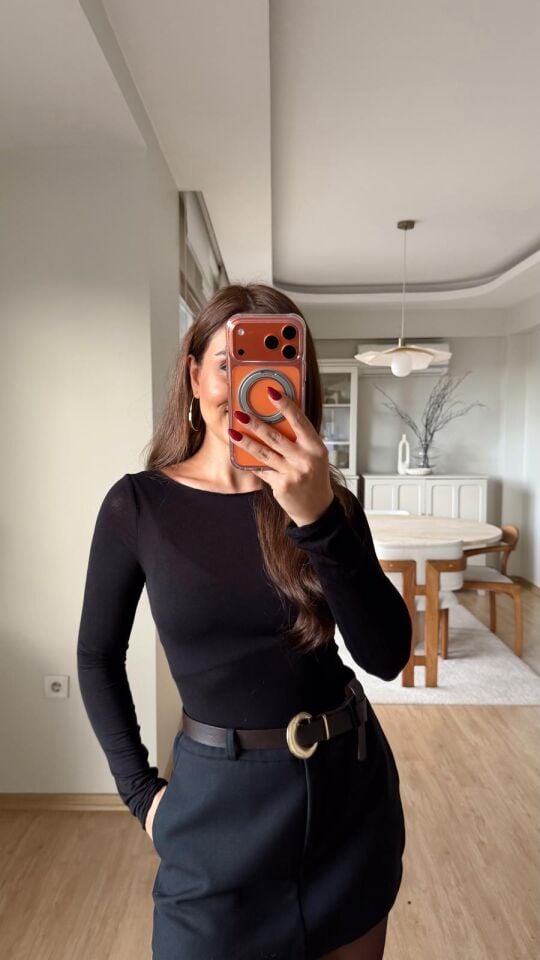 Bisiklet Yaka Transparan Bluz Siyah