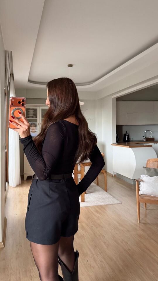 Bisiklet Yaka Transparan Bluz Siyah