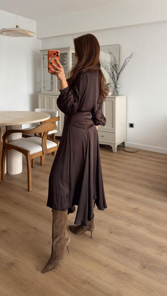 Asimetrik Saten Etek Kahve