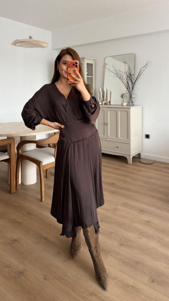 Asimetrik Saten Etek Kahve