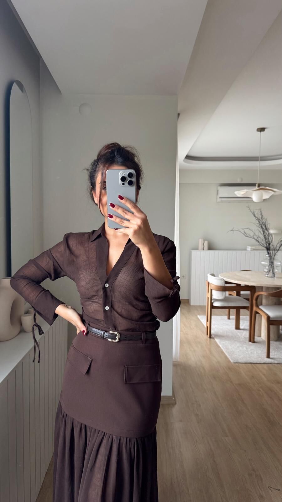 Brina Transparan Şifon Gömlek Kahve