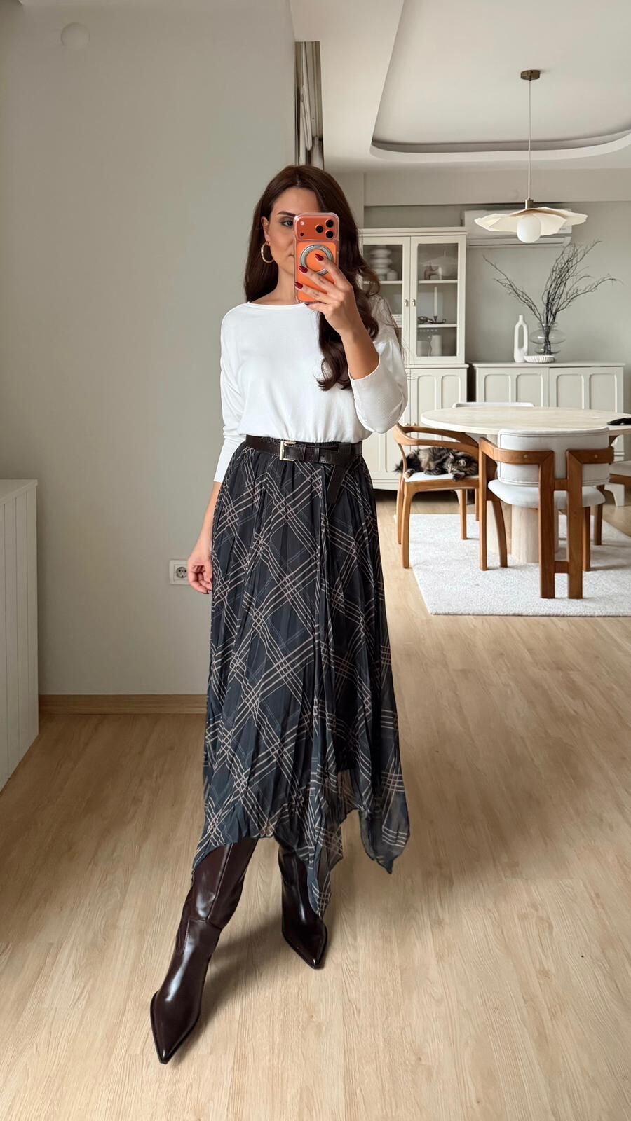 Ekose Desenli Şifon Etek Siyah