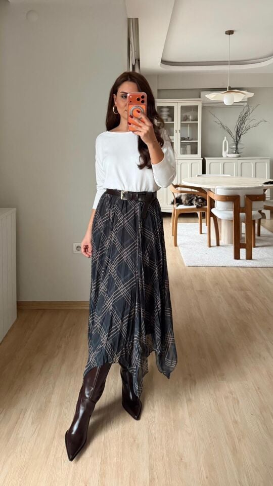 Ekose Desenli Şifon Etek Siyah