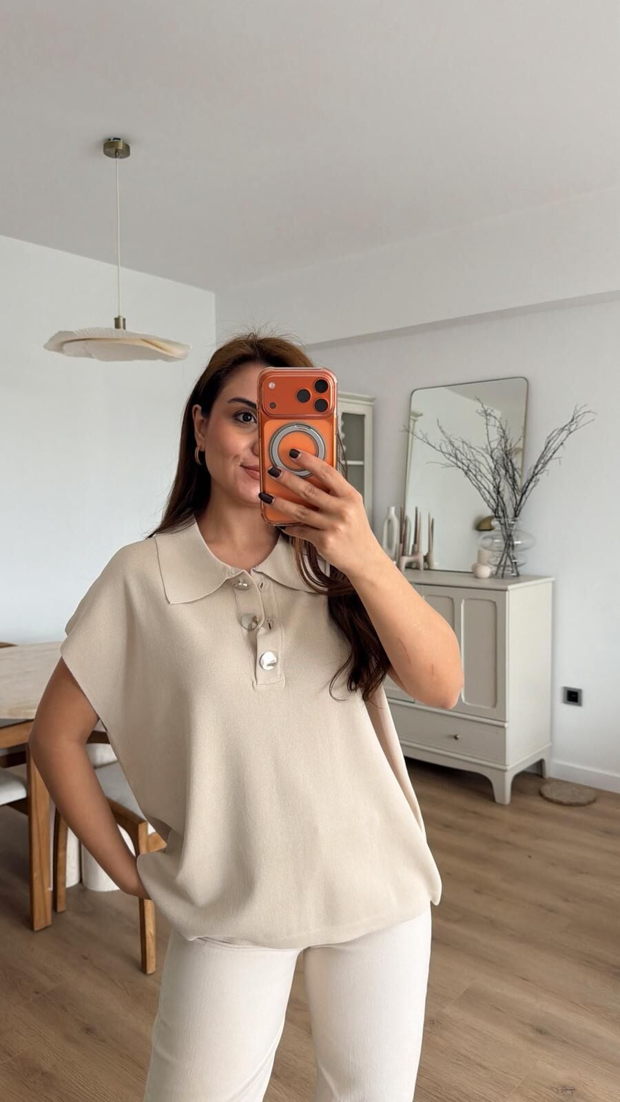 Yaka Düğmeli Triko Bej