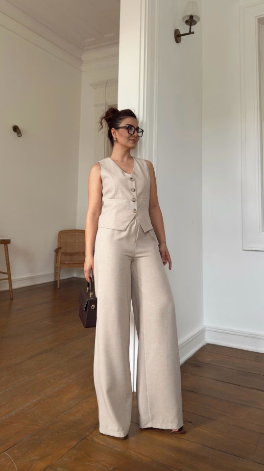 Dokulu Bağcıklı Pantolon Bej
