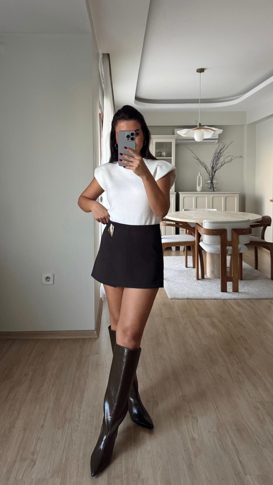 Tokalı Şort Etek Acı Kahve