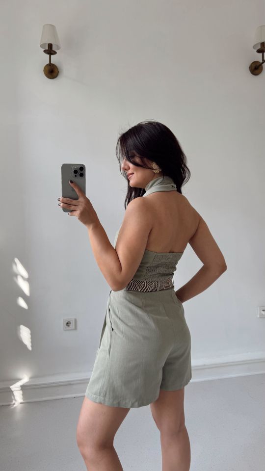 Tek Omuz Keten Crop Haki