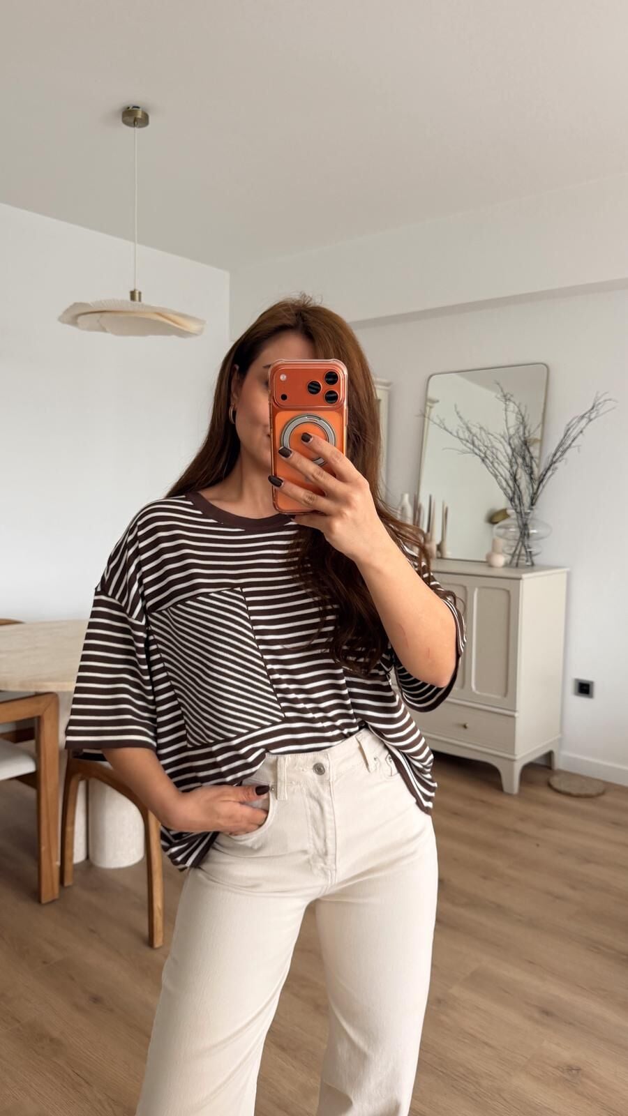 Çizgili Kısa Kol Triko Kahve