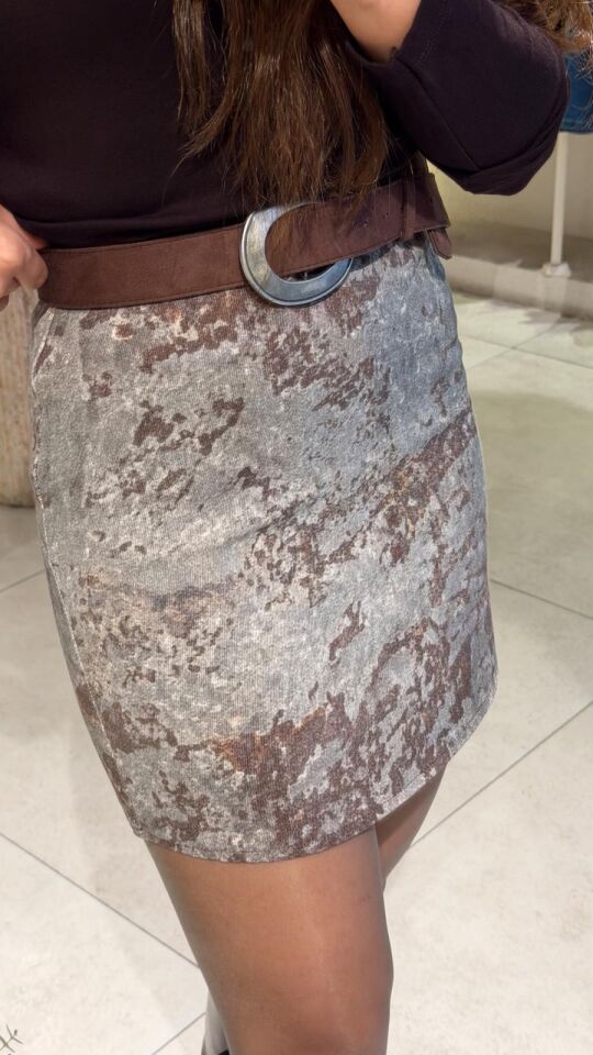 Gri Desenli Mini Etek