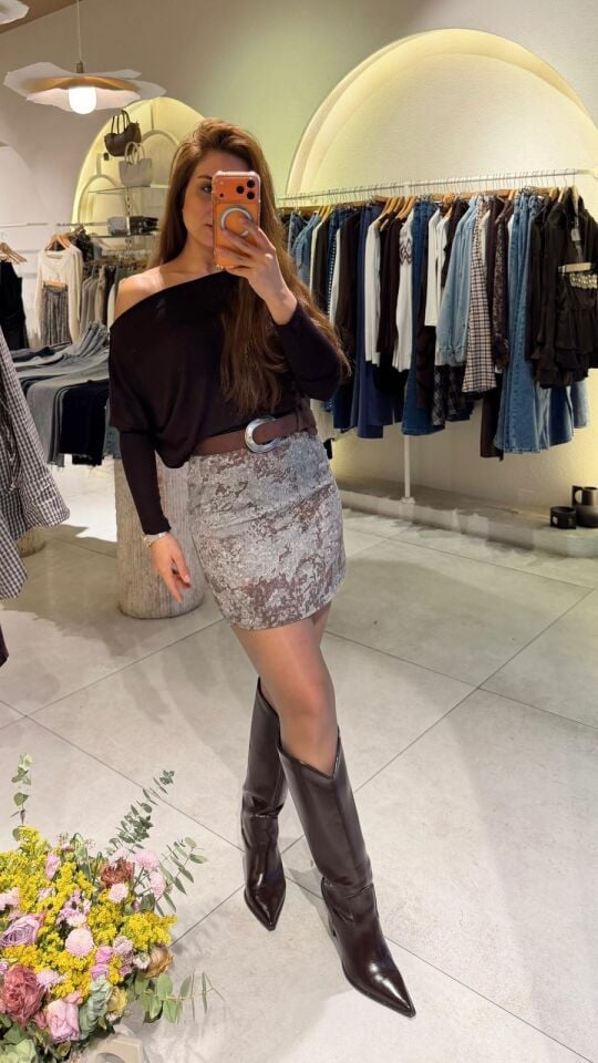 Gri Desenli Mini Etek