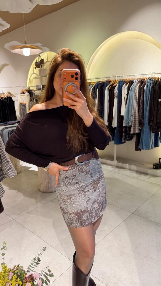 Gri Desenli Mini Etek