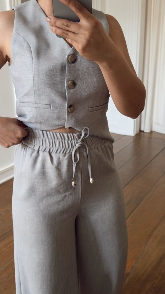 Dokulu Bağcıklı Pantolon Gri