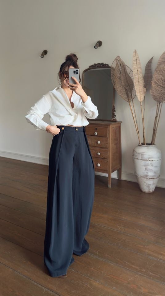 Tencel Düğmeli Pantolon Siyah