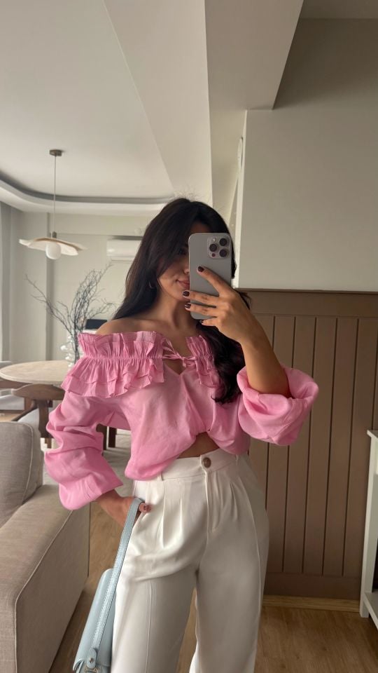 Fırfır Yaka Pembe Bluz