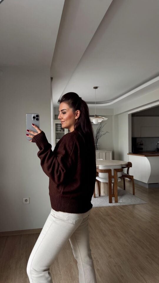 Bisiklet Yaka Düşük Kol Kazak Kahve