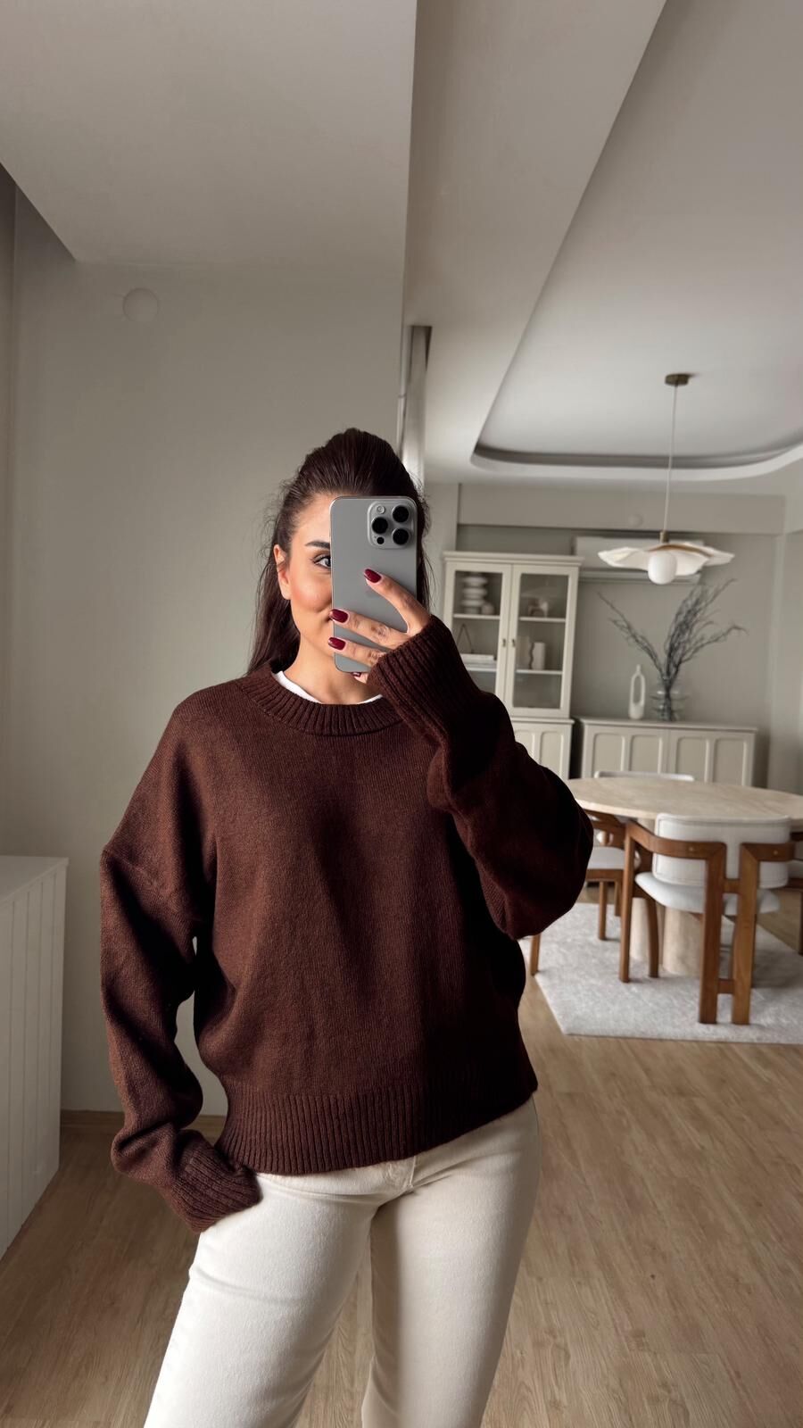 Bisiklet Yaka Düşük Kol Kazak Kahve