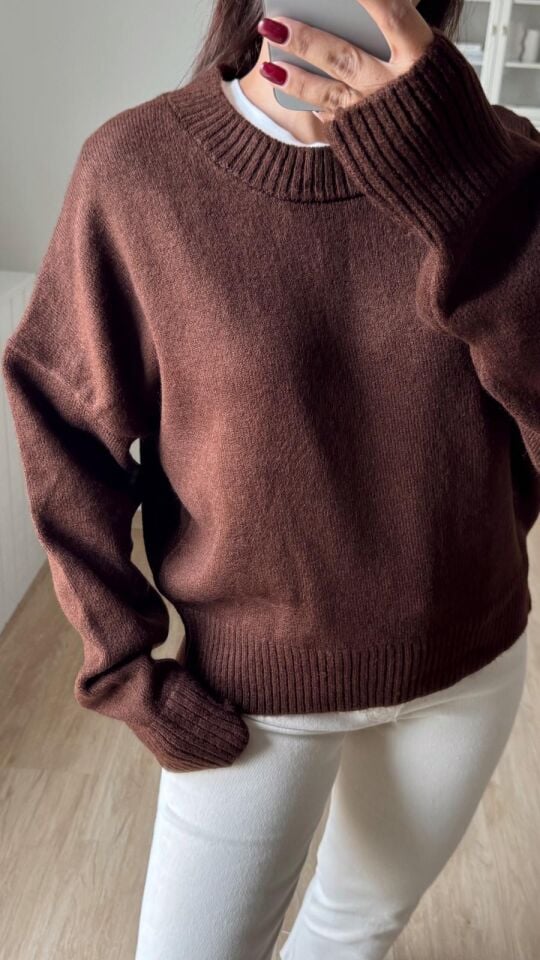 Bisiklet Yaka Düşük Kol Kazak Kahve