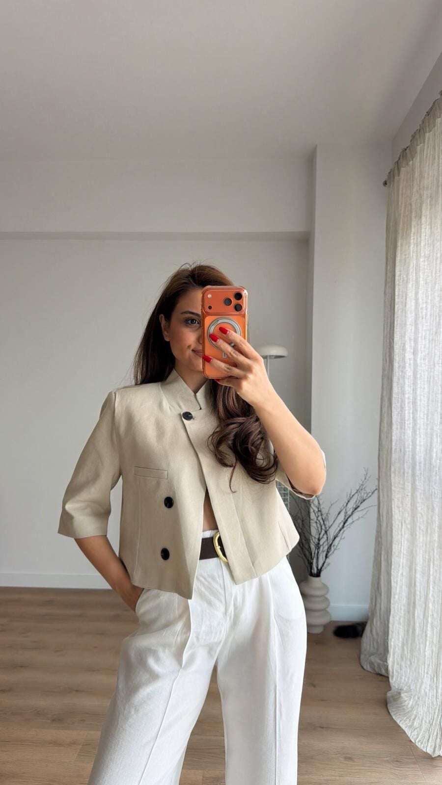 Keten Pensli Crop Blazer Taş