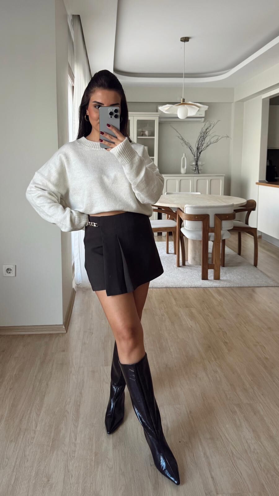 Zincirli Pileli Şort Etek Kahve