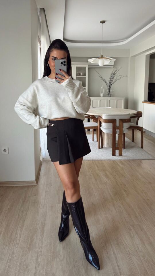 Zincirli Pileli Şort Etek Kahve