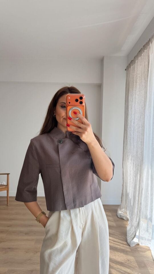 Keten Pensli Crop Blazer Kahve