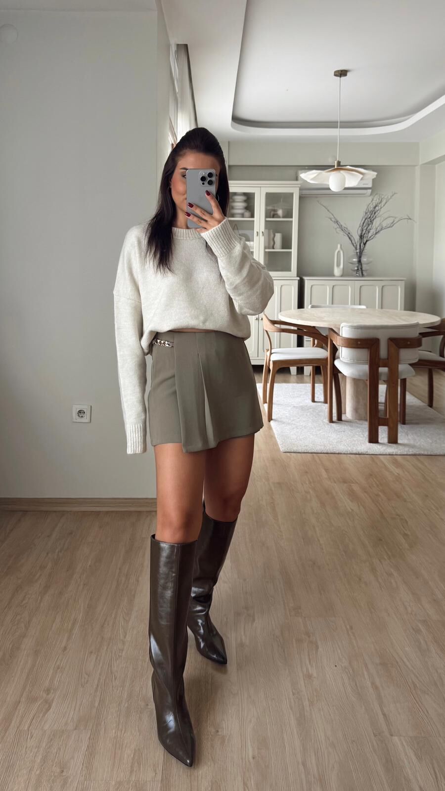 Zincirli Pileli Şort Etek Haki