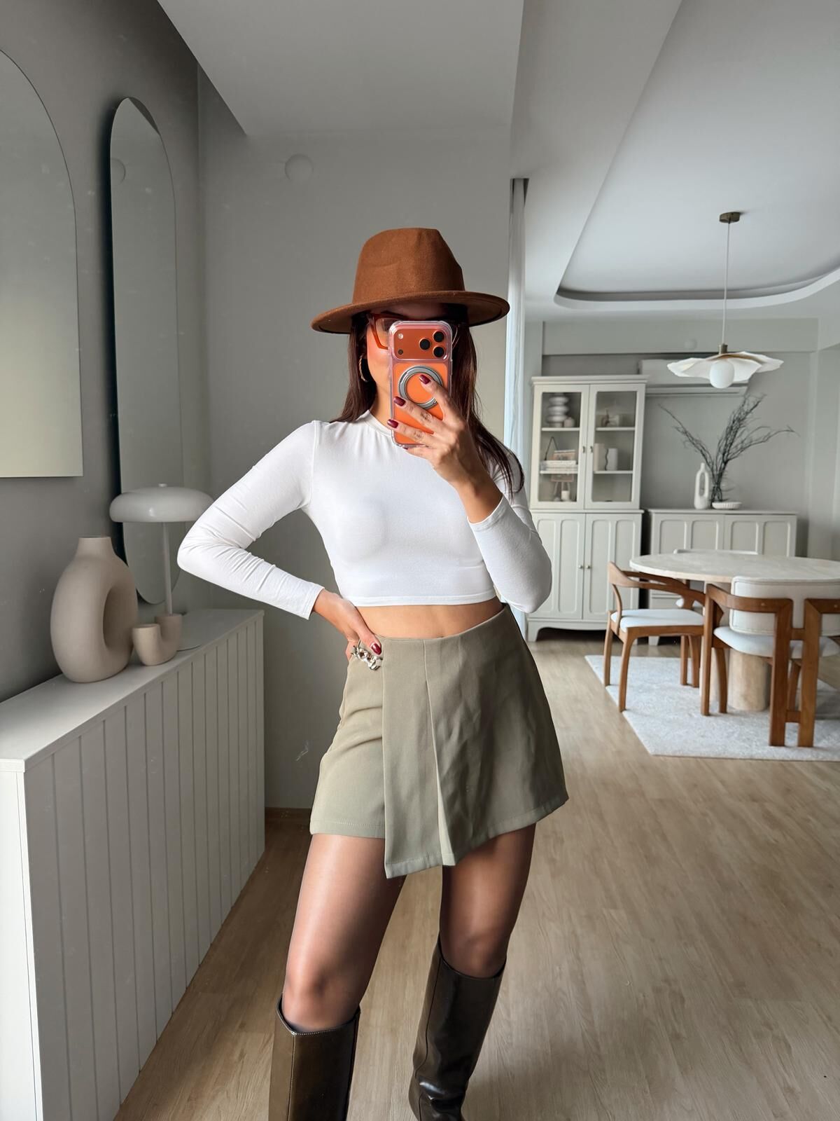 Zincirli Pileli Şort Etek Haki