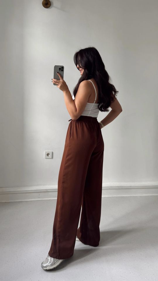 Kahve Salaş Bol Paça Pantolon