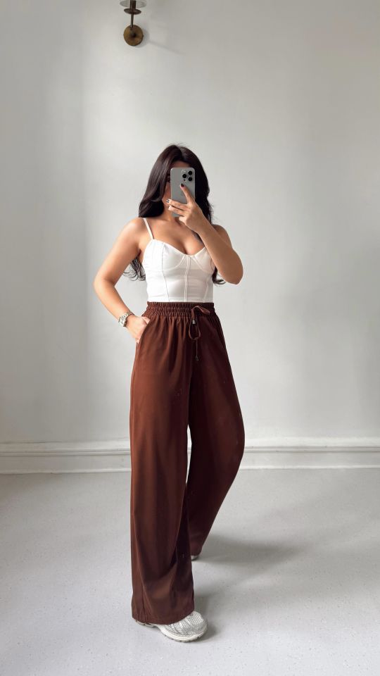 Kahve Salaş Bol Paça Pantolon