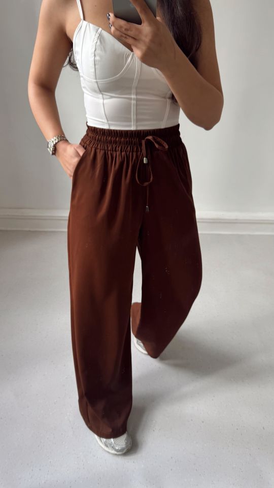 Kahve Salaş Bol Paça Pantolon