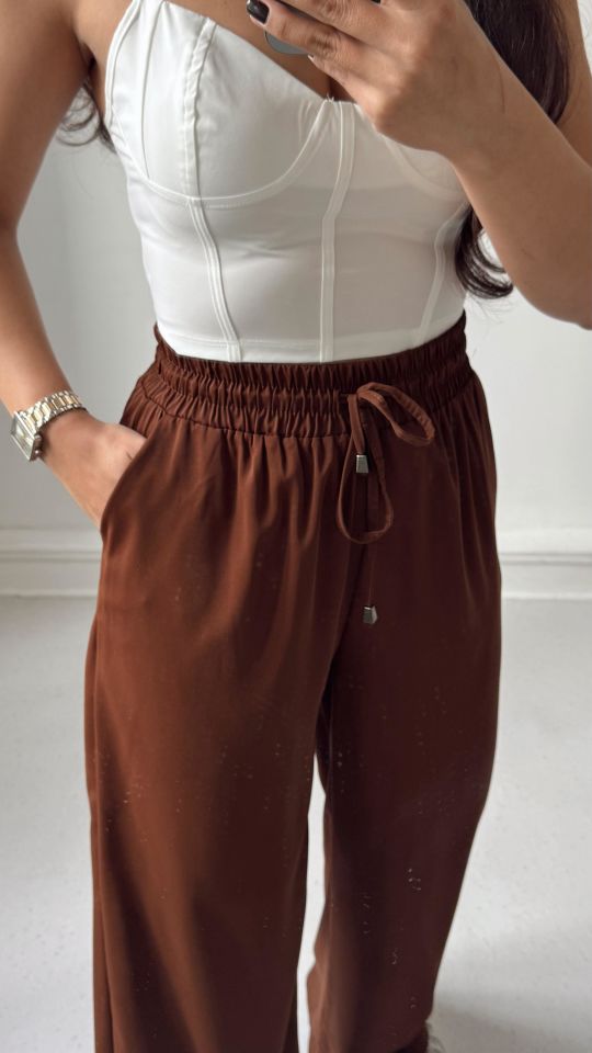 Kahve Salaş Bol Paça Pantolon