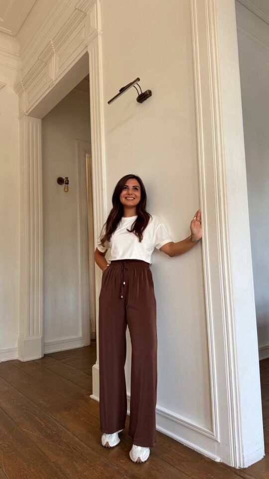 Kahve Salaş Bol Paça Pantolon