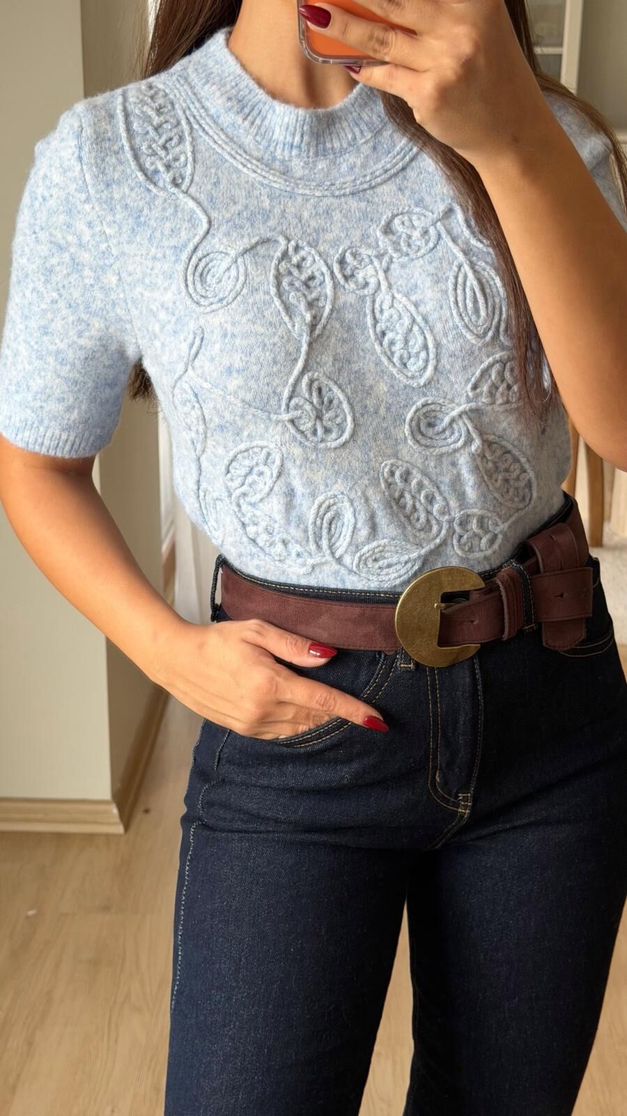 Süet Bronz Toka Kemer Kahve