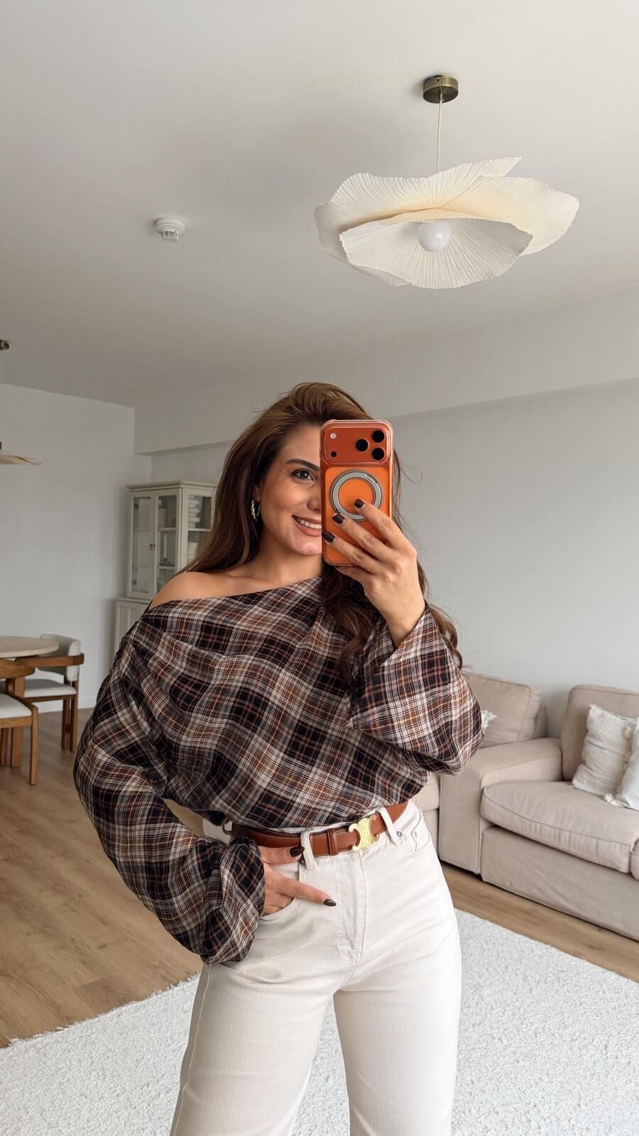 Omzu Düşük Ekoseli Bluz